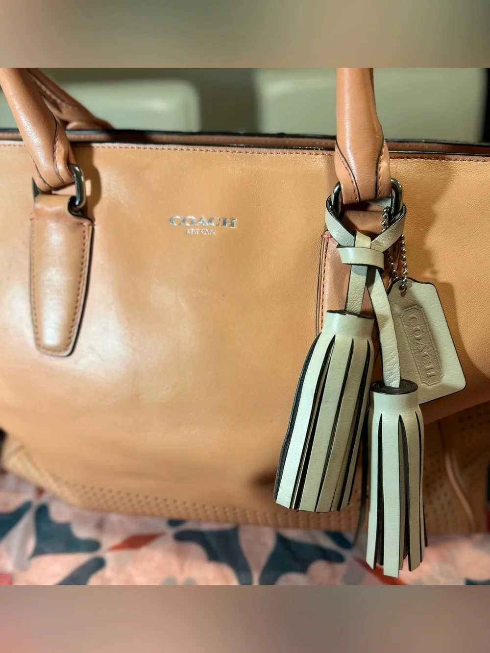 Coach Legacy Perforated Medium Candace Carryall in a coral Leather w Tassels